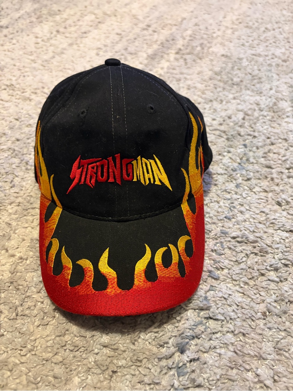 Vintage Y2K Strongman Embroidered Flame Baseball Hat Art Headwear Black Fire Cap